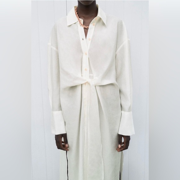 Zara oyster off white ivory shirt dress long mid knot waist bow blogger vacay S - Picture 7 of 11